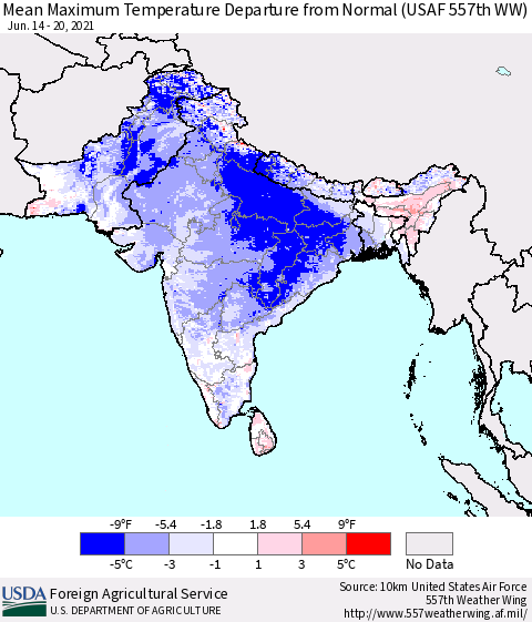 Southern Asia Mean Maximum Temperature Departure from Normal (USAF 557th WW) Thematic Map For 6/14/2021 - 6/20/2021