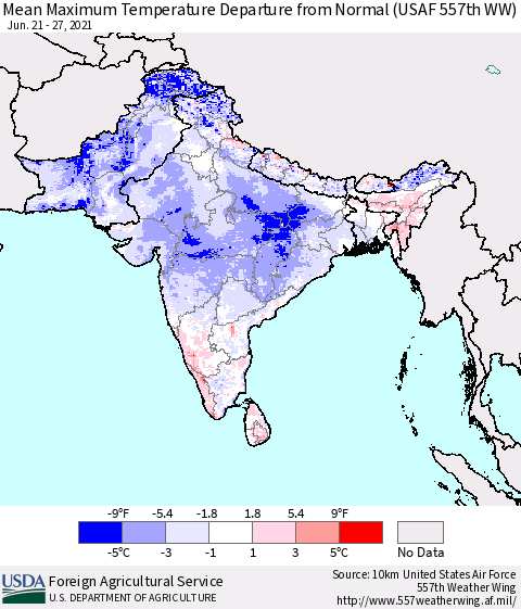 Southern Asia Maximum Temperature Departure From Normal (USAF 557th WW) Thematic Map For 6/21/2021 - 6/27/2021