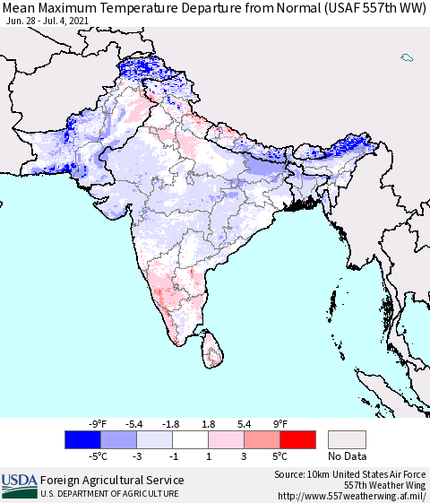 Southern Asia Mean Maximum Temperature Departure from Normal (USAF 557th WW) Thematic Map For 6/28/2021 - 7/4/2021