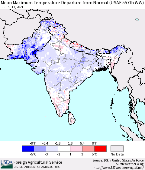 Southern Asia Mean Maximum Temperature Departure from Normal (USAF 557th WW) Thematic Map For 7/5/2021 - 7/11/2021