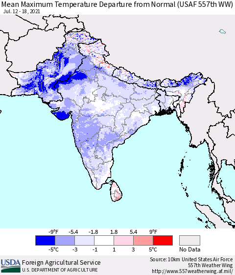 Southern Asia Mean Maximum Temperature Departure from Normal (USAF 557th WW) Thematic Map For 7/12/2021 - 7/18/2021