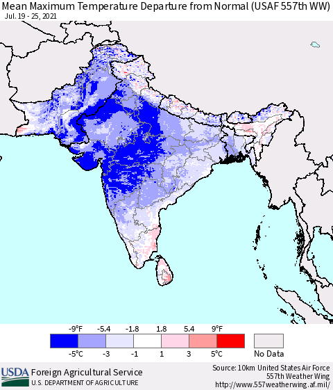 Southern Asia Mean Maximum Temperature Departure from Normal (USAF 557th WW) Thematic Map For 7/19/2021 - 7/25/2021