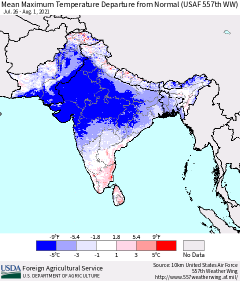 Southern Asia Maximum Temperature Departure From Normal (USAF 557th WW) Thematic Map For 7/26/2021 - 8/1/2021