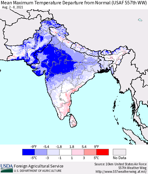 Southern Asia Mean Maximum Temperature Departure from Normal (USAF 557th WW) Thematic Map For 8/2/2021 - 8/8/2021
