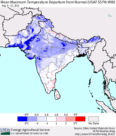 Southern Asia Mean Maximum Temperature Departure from Normal (USAF 557th WW) Thematic Map For 8/9/2021 - 8/15/2021