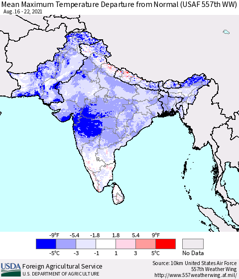 Southern Asia Mean Maximum Temperature Departure from Normal (USAF 557th WW) Thematic Map For 8/16/2021 - 8/22/2021