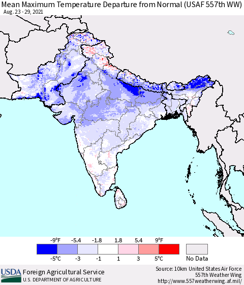 Southern Asia Maximum Temperature Departure From Normal (USAF 557th WW) Thematic Map For 8/23/2021 - 8/29/2021