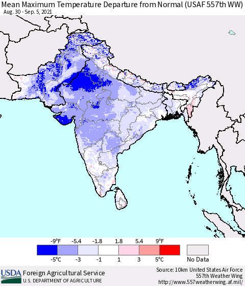 Southern Asia Mean Maximum Temperature Departure from Normal (USAF 557th WW) Thematic Map For 8/30/2021 - 9/5/2021