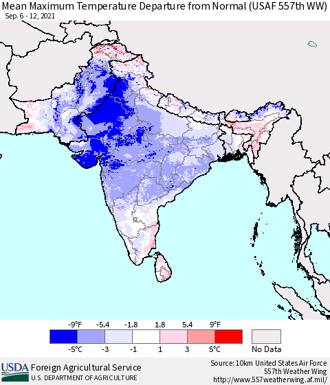 Southern Asia Maximum Temperature Departure From Normal (USAF 557th WW) Thematic Map For 9/6/2021 - 9/12/2021
