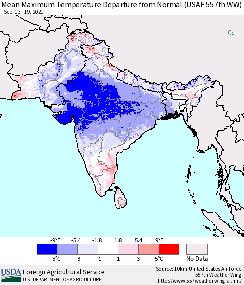 Southern Asia Mean Maximum Temperature Departure from Normal (USAF 557th WW) Thematic Map For 9/13/2021 - 9/19/2021