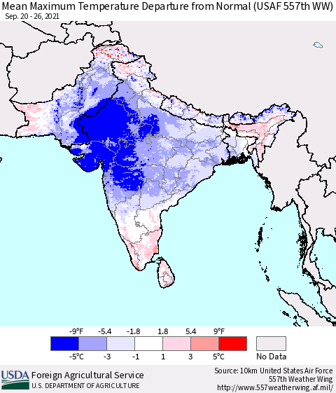 Southern Asia Mean Maximum Temperature Departure from Normal (USAF 557th WW) Thematic Map For 9/20/2021 - 9/26/2021