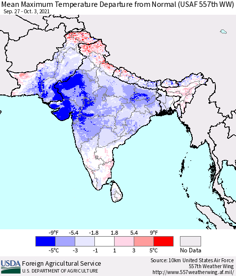 Southern Asia Mean Maximum Temperature Departure from Normal (USAF 557th WW) Thematic Map For 9/27/2021 - 10/3/2021