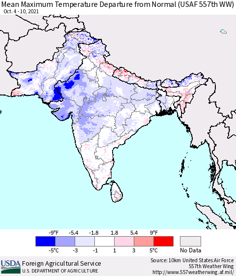 Southern Asia Maximum Temperature Departure From Normal (USAF 557th WW) Thematic Map For 10/4/2021 - 10/10/2021