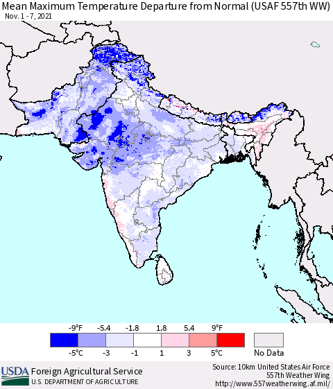 Southern Asia Maximum Temperature Departure From Normal (USAF 557th WW) Thematic Map For 11/1/2021 - 11/7/2021
