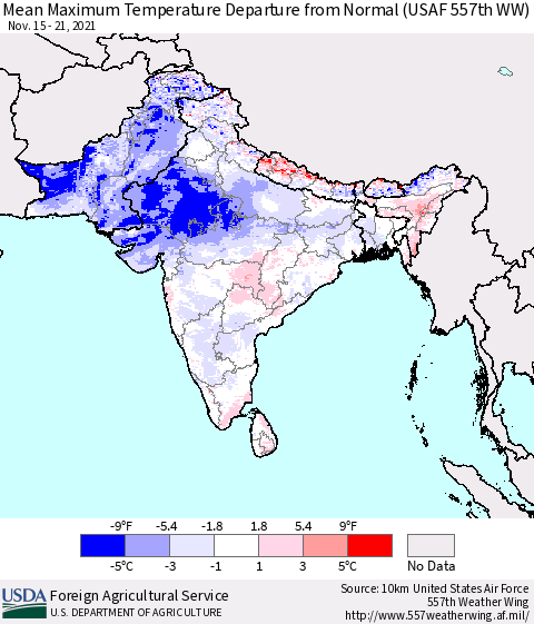 Southern Asia Maximum Temperature Departure From Normal (USAF 557th WW) Thematic Map For 11/15/2021 - 11/21/2021