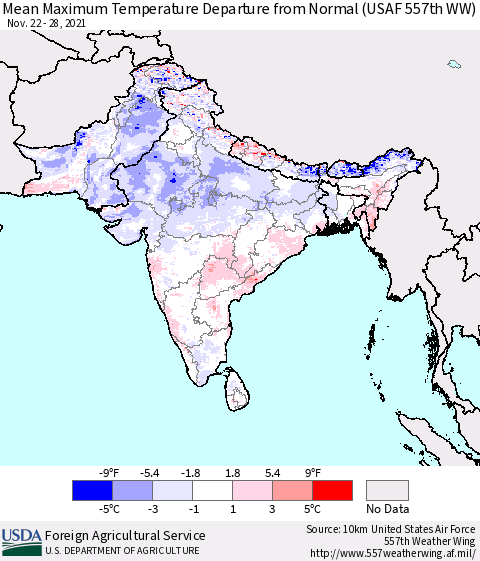 Southern Asia Mean Maximum Temperature Departure from Normal (USAF 557th WW) Thematic Map For 11/22/2021 - 11/28/2021