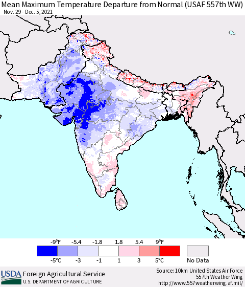Southern Asia Mean Maximum Temperature Departure from Normal (USAF 557th WW) Thematic Map For 11/29/2021 - 12/5/2021
