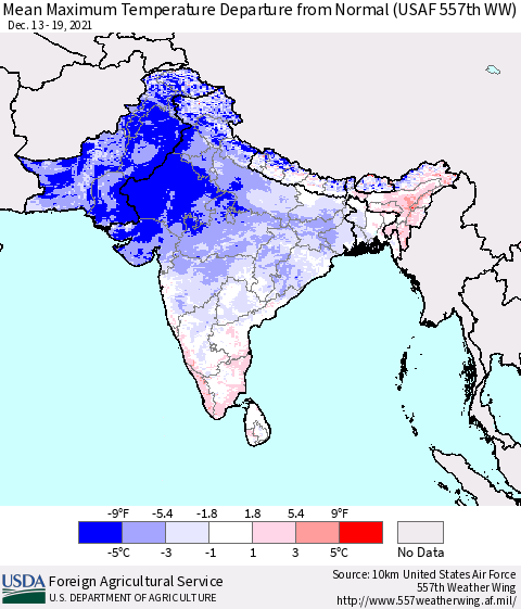 Southern Asia Mean Maximum Temperature Departure from Normal (USAF 557th WW) Thematic Map For 12/13/2021 - 12/19/2021