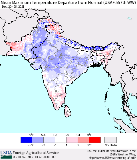 Southern Asia Maximum Temperature Departure From Normal (USAF 557th WW) Thematic Map For 12/20/2021 - 12/26/2021
