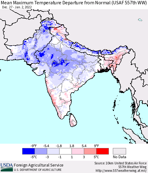 Southern Asia Maximum Temperature Departure From Normal (USAF 557th WW) Thematic Map For 12/27/2021 - 1/2/2022