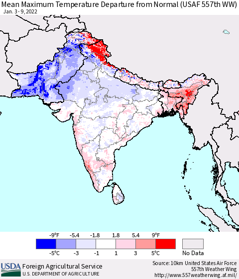 Southern Asia Mean Maximum Temperature Departure from Normal (USAF 557th WW) Thematic Map For 1/3/2022 - 1/9/2022