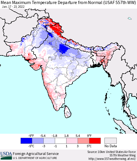 Southern Asia Mean Maximum Temperature Departure from Normal (USAF 557th WW) Thematic Map For 1/17/2022 - 1/23/2022
