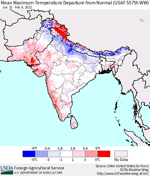 Southern Asia Mean Maximum Temperature Departure from Normal (USAF 557th WW) Thematic Map For 1/31/2022 - 2/6/2022