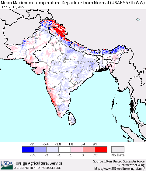 Southern Asia Mean Maximum Temperature Departure from Normal (USAF 557th WW) Thematic Map For 2/7/2022 - 2/13/2022