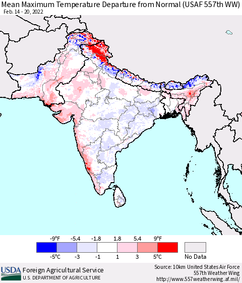 Southern Asia Mean Maximum Temperature Departure from Normal (USAF 557th WW) Thematic Map For 2/14/2022 - 2/20/2022