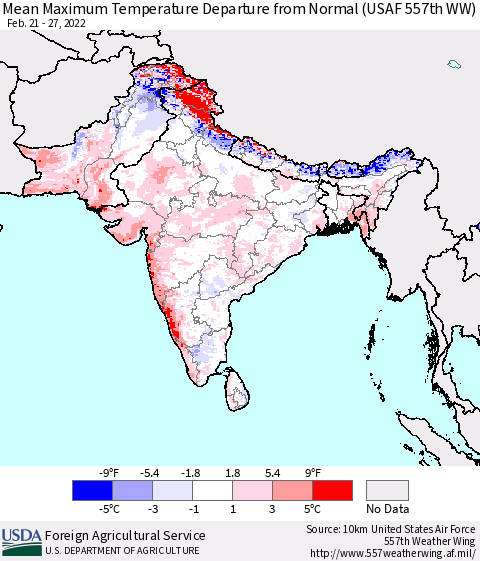 Southern Asia Mean Maximum Temperature Departure from Normal (USAF 557th WW) Thematic Map For 2/21/2022 - 2/27/2022