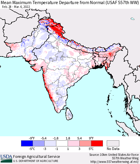 Southern Asia Mean Maximum Temperature Departure from Normal (USAF 557th WW) Thematic Map For 2/28/2022 - 3/6/2022