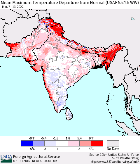 Southern Asia Mean Maximum Temperature Departure from Normal (USAF 557th WW) Thematic Map For 3/7/2022 - 3/13/2022