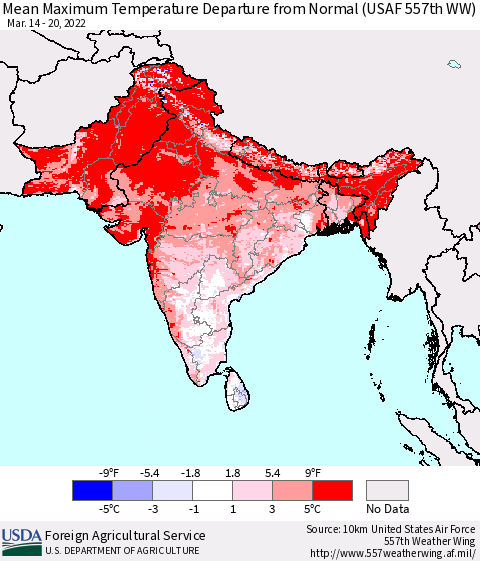 Southern Asia Mean Maximum Temperature Departure from Normal (USAF 557th WW) Thematic Map For 3/14/2022 - 3/20/2022