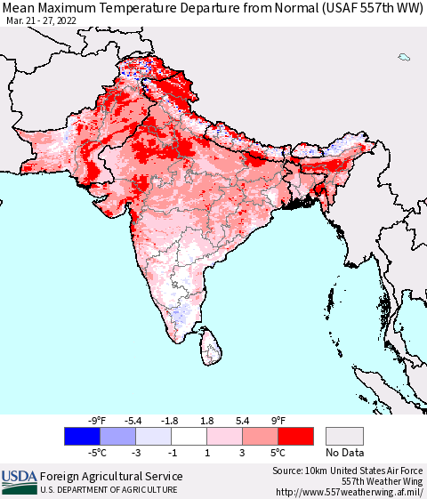 Southern Asia Mean Maximum Temperature Departure from Normal (USAF 557th WW) Thematic Map For 3/21/2022 - 3/27/2022