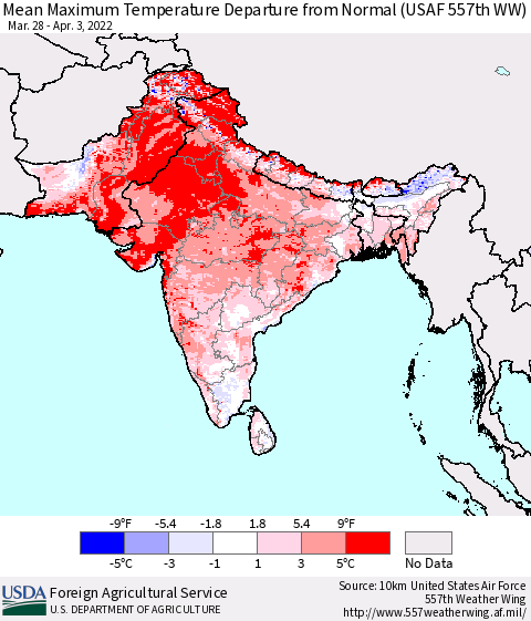 Southern Asia Mean Maximum Temperature Departure from Normal (USAF 557th WW) Thematic Map For 3/28/2022 - 4/3/2022