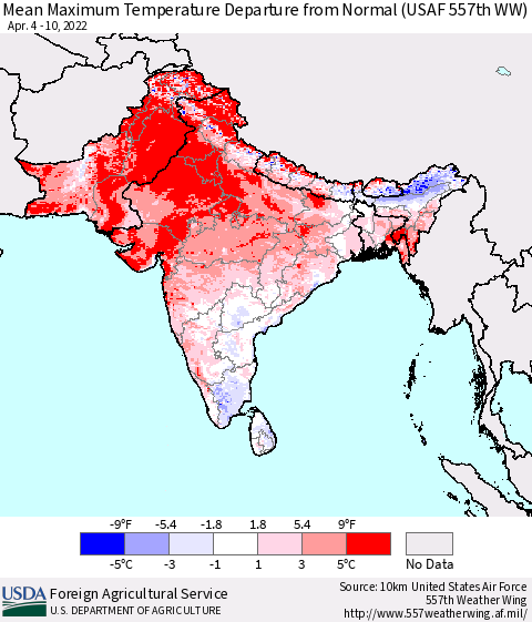 Southern Asia Mean Maximum Temperature Departure from Normal (USAF 557th WW) Thematic Map For 4/4/2022 - 4/10/2022