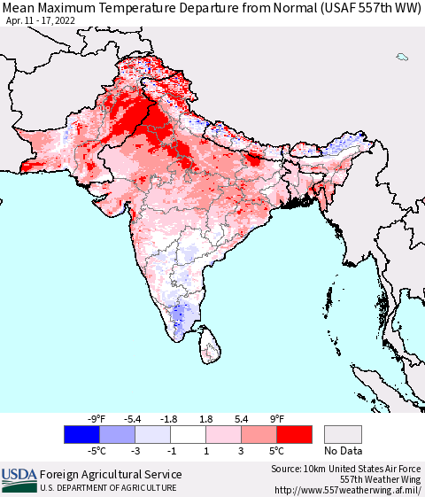 Southern Asia Mean Maximum Temperature Departure from Normal (USAF 557th WW) Thematic Map For 4/11/2022 - 4/17/2022