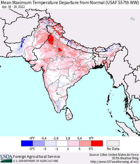 Southern Asia Mean Maximum Temperature Departure from Normal (USAF 557th WW) Thematic Map For 4/18/2022 - 4/24/2022