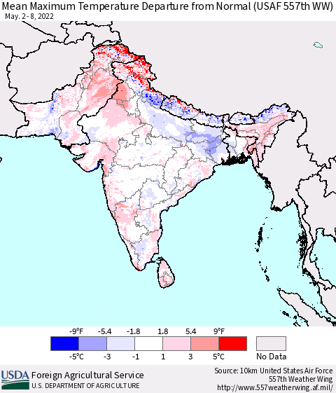 Southern Asia Maximum Temperature Departure From Normal (USAF 557th WW) Thematic Map For 5/2/2022 - 5/8/2022