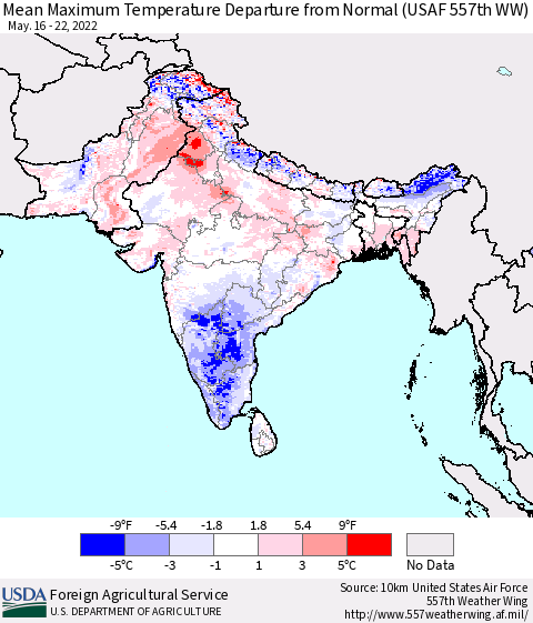 Southern Asia Maximum Temperature Departure From Normal (USAF 557th WW) Thematic Map For 5/16/2022 - 5/22/2022