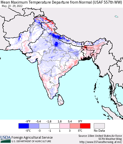 Southern Asia Maximum Temperature Departure From Normal (USAF 557th WW) Thematic Map For 5/23/2022 - 5/29/2022