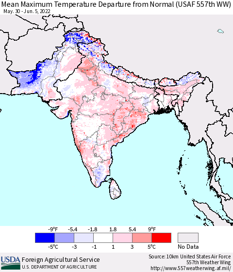 Southern Asia Maximum Temperature Departure From Normal (USAF 557th WW) Thematic Map For 5/30/2022 - 6/5/2022