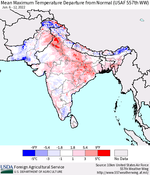 Southern Asia Mean Maximum Temperature Departure from Normal (USAF 557th WW) Thematic Map For 6/6/2022 - 6/12/2022