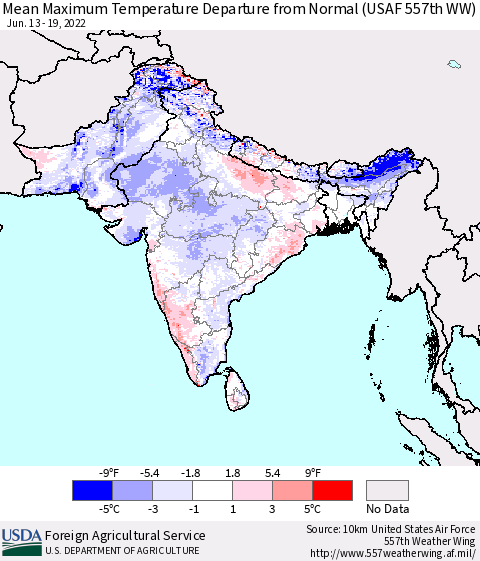 Southern Asia Maximum Temperature Departure From Normal (USAF 557th WW) Thematic Map For 6/13/2022 - 6/19/2022