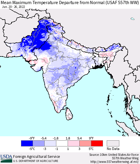 Southern Asia Maximum Temperature Departure From Normal (USAF 557th WW) Thematic Map For 6/20/2022 - 6/26/2022