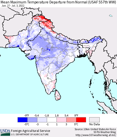 Southern Asia Mean Maximum Temperature Departure from Normal (USAF 557th WW) Thematic Map For 6/27/2022 - 7/3/2022