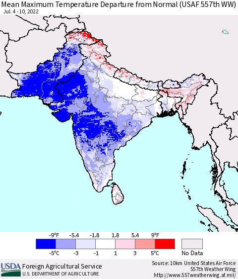Southern Asia Mean Maximum Temperature Departure from Normal (USAF 557th WW) Thematic Map For 7/4/2022 - 7/10/2022