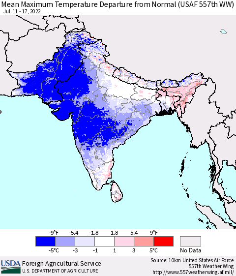 Southern Asia Maximum Temperature Departure From Normal (USAF 557th WW) Thematic Map For 7/11/2022 - 7/17/2022