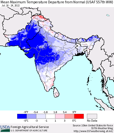 Southern Asia Mean Maximum Temperature Departure from Normal (USAF 557th WW) Thematic Map For 7/18/2022 - 7/24/2022
