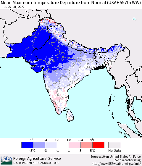 Southern Asia Maximum Temperature Departure From Normal (USAF 557th WW) Thematic Map For 7/25/2022 - 7/31/2022